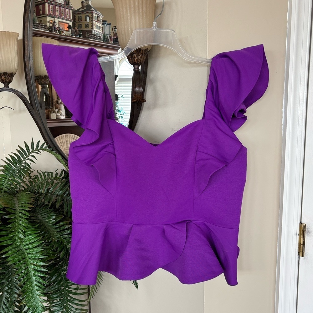 Brand New Express Purple Ruffle Crop Top Smocked Stretch Back Tailored Blouse - Picture 2 of 14